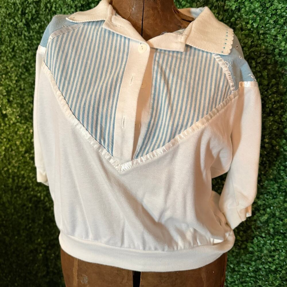 Vintage Teddy Sport Petite Pullover Top Striped Collar White Preppy